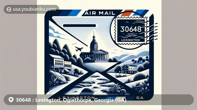Contemporary art of Shaking Rock Park and Oglethorpe County Courthouse in Lexington, Georgia, USA, with air mail envelope showcasing postal theme and zip code 30648.