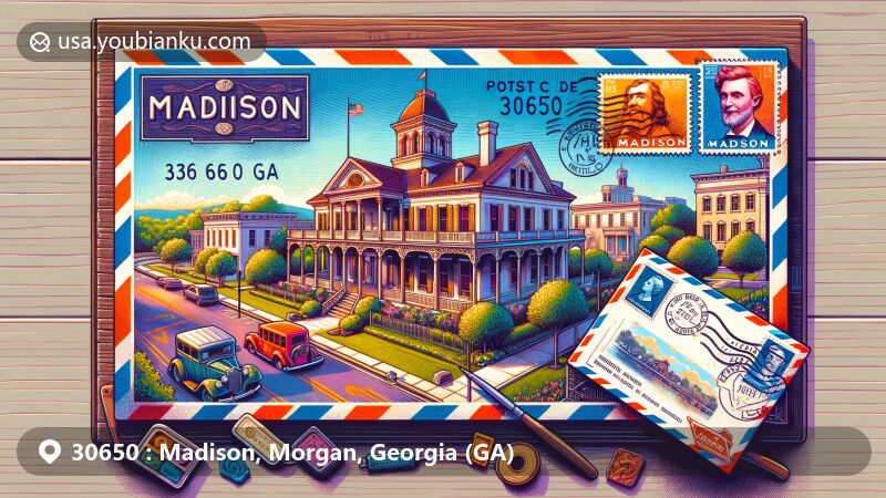Modern illustration of Madison, Georgia, showcasing postal theme with ZIP code 30650, featuring Heritage Hall and Madison-Morgan Cultural Center.