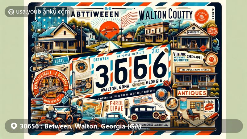 Modern illustration of Between, Walton County, Georgia, highlighting postal theme with ZIP code 30656, featuring historic landmarks, cultural elements, and local attractions.