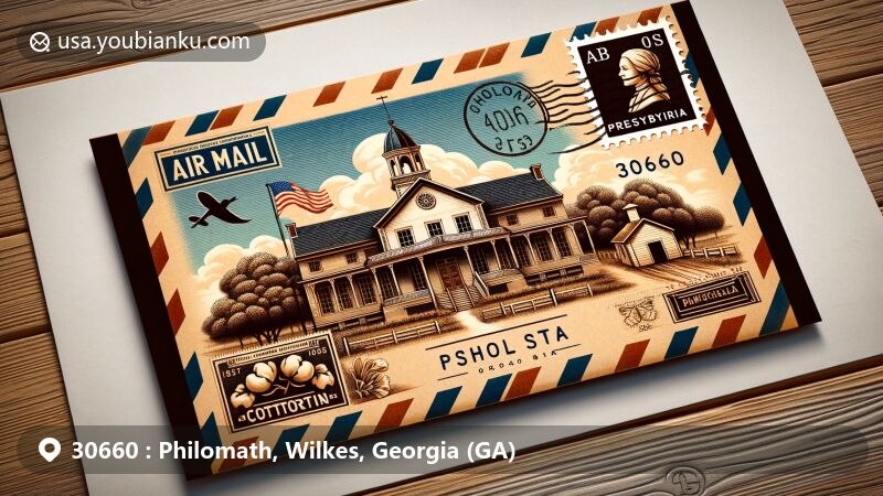 Modern illustration of Philomath, Oglethorpe County, Georgia, featuring vintage air mail envelope with historic boarding school, cotton plantation, and Presbyterian church, emphasizing education and local heritage.
