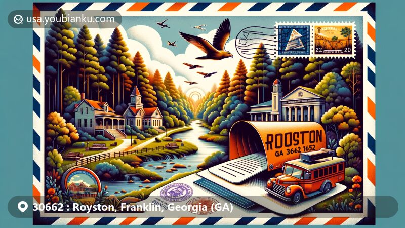 Modern illustration of Royston, Georgia, depicting ZIP code area 30662 with local landmarks and postal elements, highlighting Victoria Bryant State Park, Ty Cobb Museum, and vintage postal motifs.