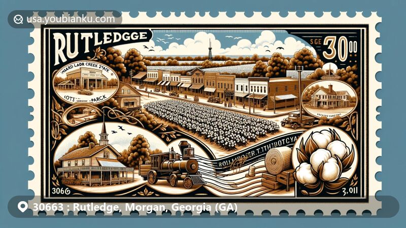 Modern illustration of Rutledge, Georgia, highlighting postal theme with ZIP code 30663, featuring local landmarks like Hard Labor Creek State Park and a charming town scene.