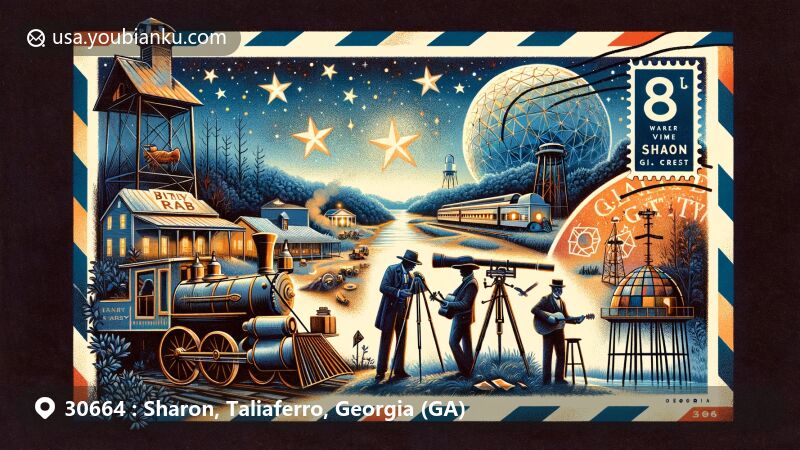 Modern illustration of Sharon, Taliaferro County, Georgia, showcasing Civil War history, blues music, gold mining, Deerlick Astronomy Village, Battle Branch Vat, and postal theme with ZIP code 30664 against a starry sky.