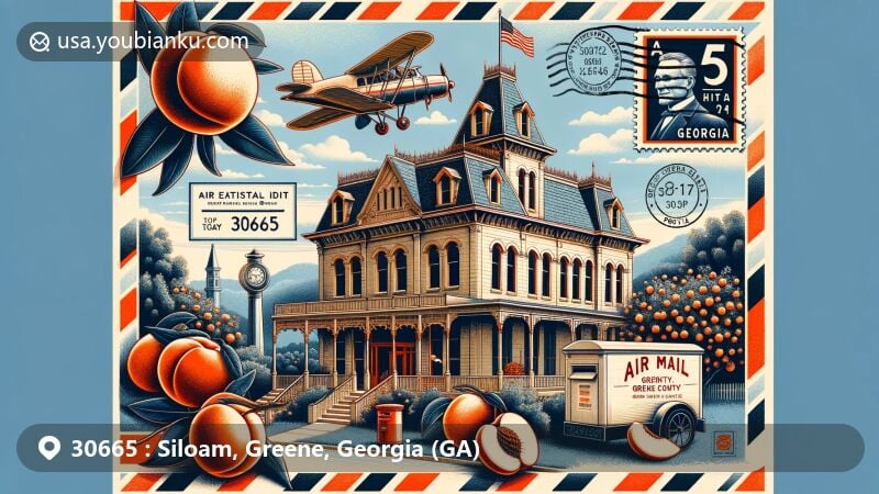 Modern illustration of Siloam, Greene County, Georgia, featuring ZIP code 30665 and the Siloam Historic District with a vintage airmail envelope. Includes architectural styles, local symbols like peach trees, and a red postbox, blending historical and postal themes.