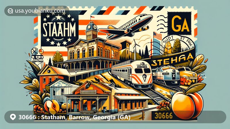Modern illustration of Statham, Georgia, in Barrow County, capturing the charm of ZIP code 30666 with vintage postcard style, air mail envelope, and iconic Statham Depot, featuring Georgia state flag and peach trees.