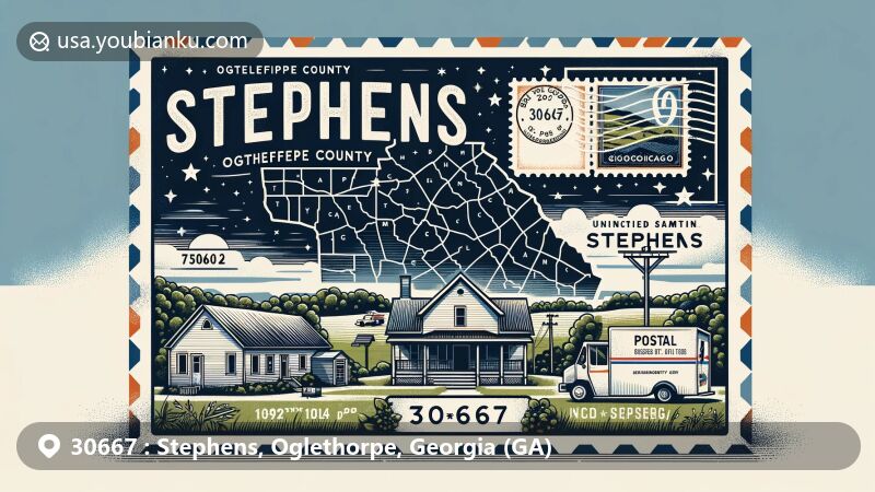 Modern illustration of Stephens community, Oglethorpe County, Georgia, featuring postal theme with ZIP code 30667, showcasing regional characteristics and postal elements like stamps and postmark.