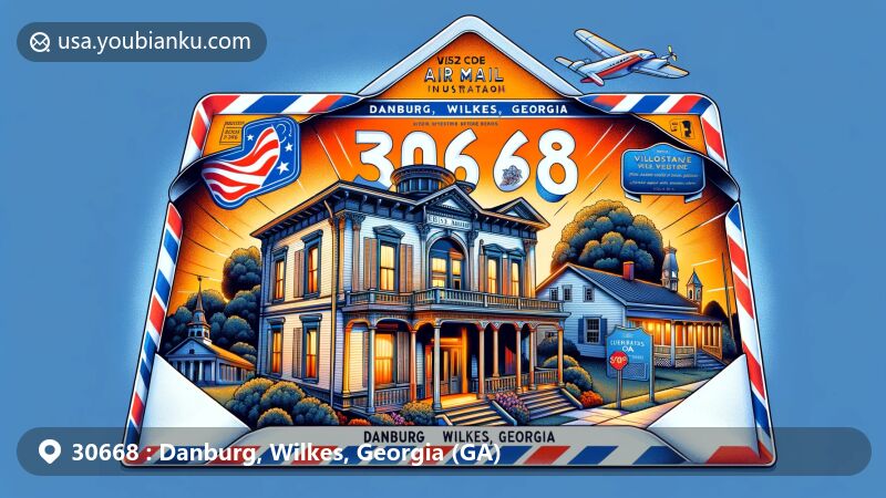 Modern illustration of Danburg, Wilkes, Georgia, featuring air mail envelope with ZIP code 30668, highlighting historic Anderson House and Village of Danburg historical marker.