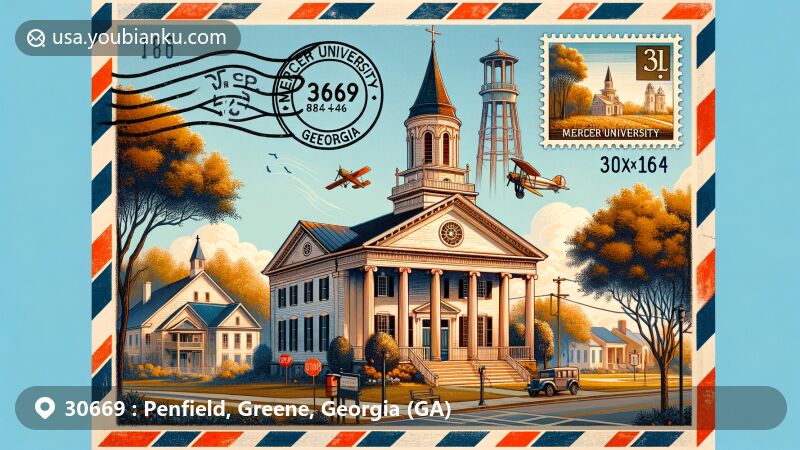 Historic illustration of Penfield, Greene County, Georgia, showcasing Penfield Baptist Church with Georgian architectural style, cotton industry legacy, and Mercer University's influence.