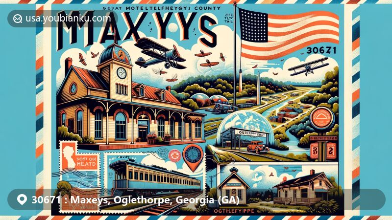 Modern illustration of Maxeys, Oglethorpe County, Georgia, portraying a blend of regional and postal themes with Georgia state flag, Oglethorpe County outline, and cultural symbols like Firefly Trail. Features vintage air mail elements and historic train station, all tied together with ZIP code 30671.