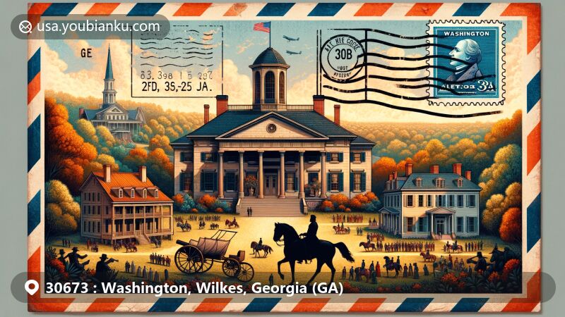 Modern illustration of Washington, Georgia, exhibiting postal theme with ZIP code 30673, showcasing historical landmarks like Robert Toombs House and Kettle Creek Battlefield.