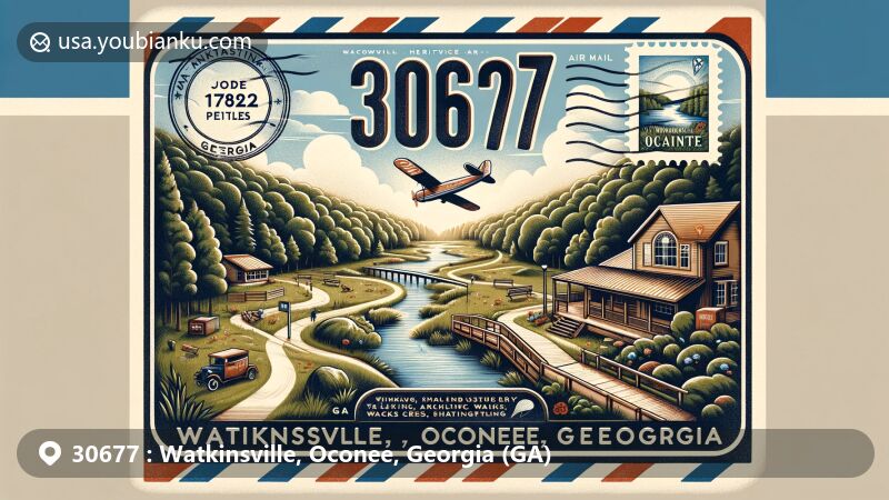 Creative illustration of Watkinsville, Oconee County, Georgia, blending natural scenery with postal theme of ZIP code 30677. Features Oconee Heritage Park with woods, creeks, Appalachee River, walking, hiking, and biking trails in vintage airmail envelope.