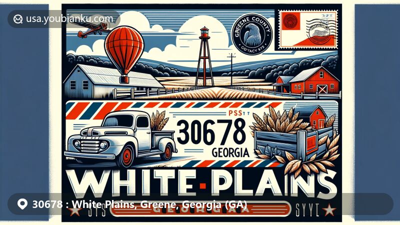 Innovative illustration showcasing White Plains, Georgia's postal code '30678,' embodying rural charm and white sandy soil, with Greene County outline, Georgia state flag, and vintage postal theme.