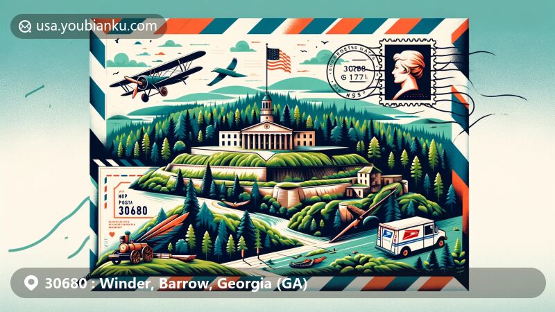 Modern illustration of airmail envelope in Winder, Barrow County, Georgia, featuring Fort Yargo State Park, Fort Yargo outline, Georgia state flag, Winder Cultural Arts Center, postmark, ZIP Code 30680, and postal van.