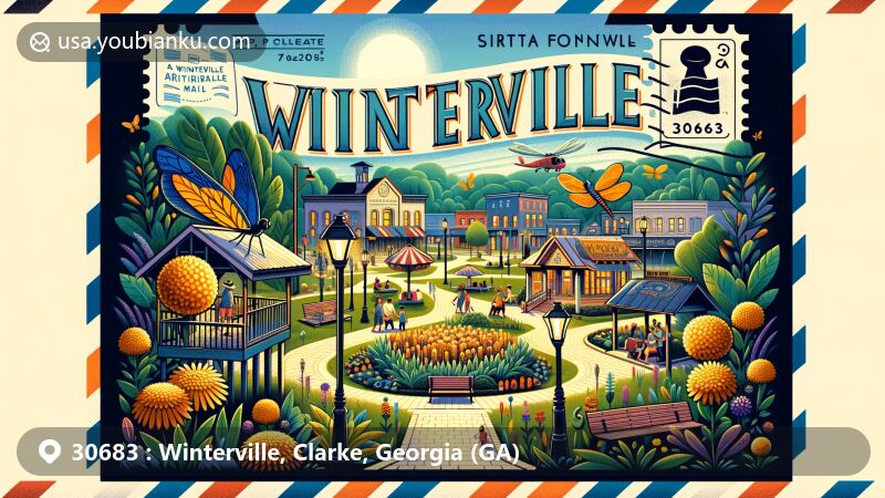 Modern illustration of Winterville, Clarke County, Georgia, showcasing postal theme with ZIP code 30683, featuring Firefly Trail, Winterville Marigold Festival, Pittard Park, and airmail envelope with stamps and postmark.
