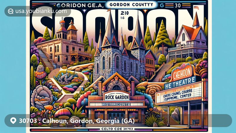 Modern illustration of Calhoun, Gordon County, Georgia, capturing the essence of ZIP code 30703 with Rock Garden, New Echota Historic Site, GEM Theatre, and postal elements.