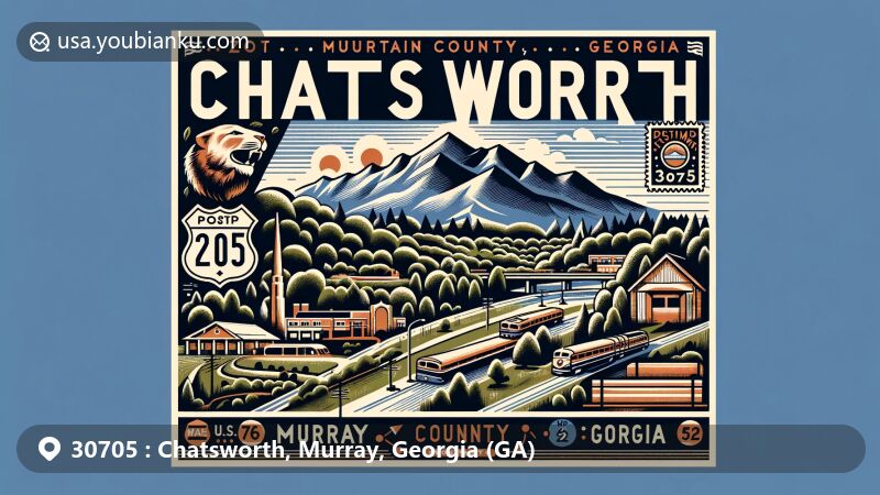 Modern illustration of Chatsworth, Murray County, Georgia, highlighting Fort Mountain State Park, Murray County outline, U.S. Routes 76 and 411, Georgia State Routes 2 and 52, and postal features with ZIP code 30705.