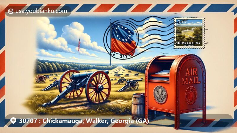 Creative depiction of Chickamauga Battlefield, Walker County, Georgia in vintage airmail envelope, featuring GA state flag stamp, historical cannons, monuments, and red mailbox with ZIP Code 30707.