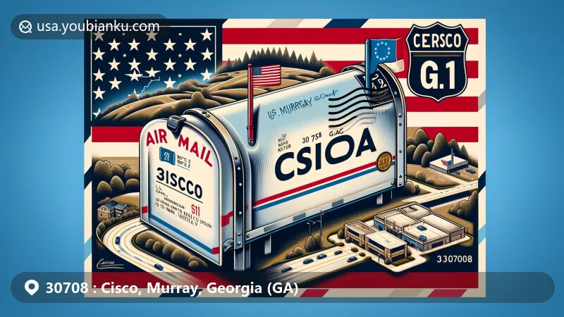 Creative illustration of Cisco, Murray County, Georgia, showcasing air mail envelope with ZIP code 30708 and symbolic elements of U.S. Routes, Georgia State Routes, and state flag.