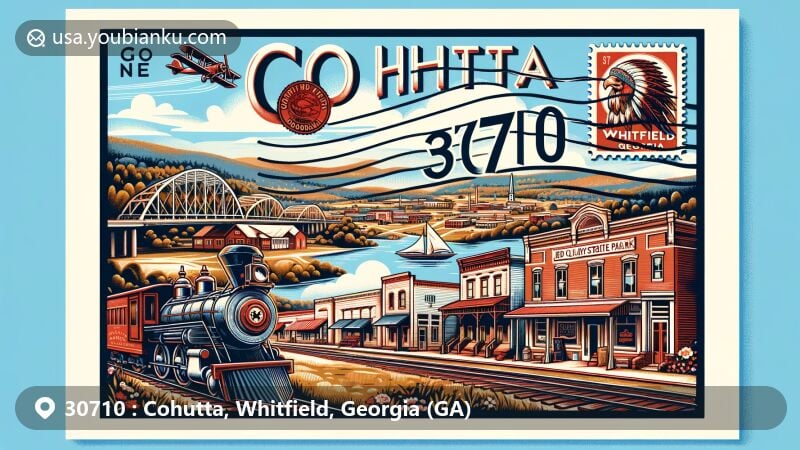 Contemporary wide-format illustration of Cohutta, Whitfield County, Georgia, depicting ZIP code 30710 with postcard theme, showcasing serene landscapes, southern charm, railroad history, and Native American Cherokee heritage.