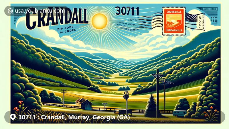 Modern illustration of Crandall, Georgia, showcasing rural charm and natural beauty, with elements of the Appalachian Mountains and historical significance, including a vintage postage stamp displaying ZIP code 30711 and nods to the Louisville and Nashville Railroad.
