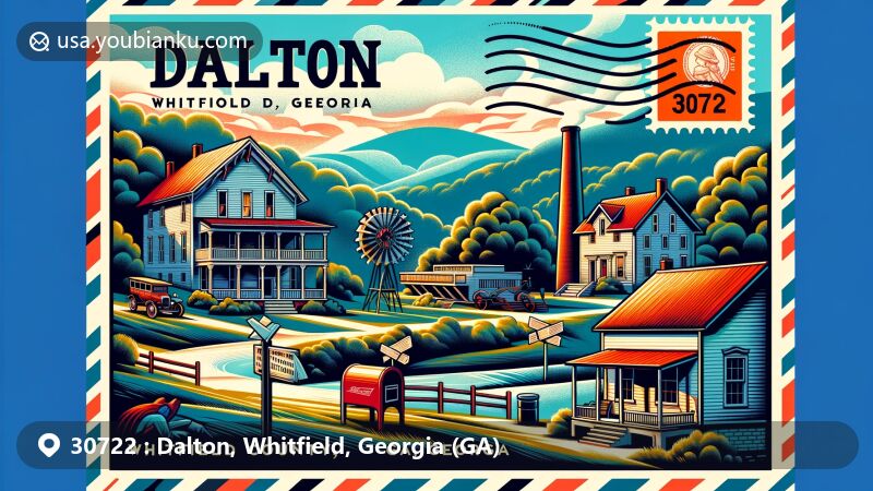 Modern illustration of Dalton, Whitfield County, Georgia, featuring key landmarks like the Blunt House, Hamilton House, and Prater's Mill, set in a stylized postal theme with a vintage postcard feel, highlighting the Blue Ridge Mountains’ foothills.