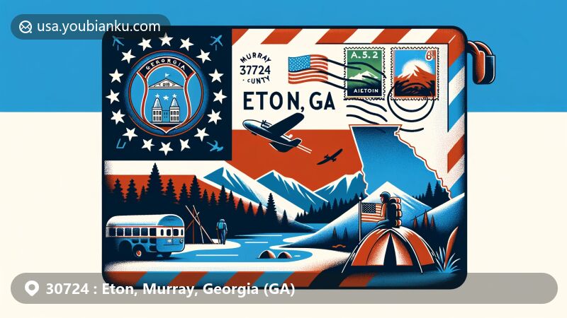 Modern illustration of Eton, Murray County, Georgia, with airmail envelope theme and '30724 Eton, GA' postmark, featuring Georgia state flag elements. Outdoor activity icons symbolize natural beauty and lifestyle.