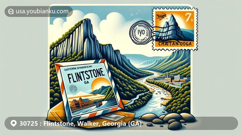 Modern illustration of Flintstone, Georgia, harmonizing scenic beauty with postal elements, featuring Lookout Mountain and Mission Ridge in the background, vintage air mail envelope with postcard of Flintstone in the foreground, highlighting Chattanooga Valley, Chattanooga Creek, Rock Creek, adorned with Georgia state flag stamp, and 'Flintstone, GA 30725' postal mark.