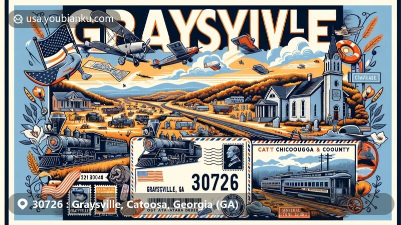 Modern illustration of Graysville, Catoosa County, Georgia, highlighting postal theme with ZIP code 30726, featuring landmarks like Chickamauga Battlefield, Old Stone Church Museum, Ringgold Depot, and General Locomotive Chase Monument.