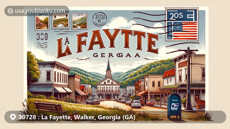Modern illustration of La Fayette, Georgia, blending historic charm with postal themes, featuring ZIP Code 30728 and the Georgia state flag.
