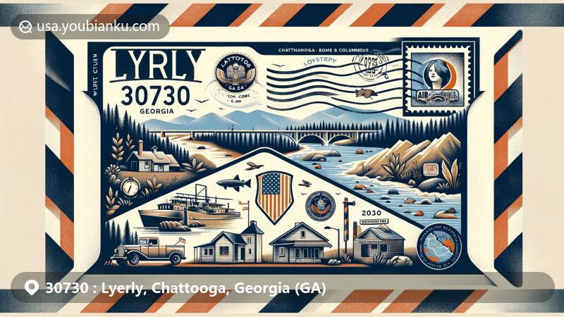 Modern illustration of Lyerly, Chattooga County, Georgia, featuring ZIP code 30730, showcasing small-town charm nestled in the Appalachian Mountains, with vintage air mail envelope, Georgia flag, Chattooga County outline, Chattooga River, and outdoor adventure symbols.