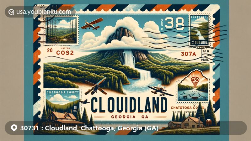 Modern illustration of Cloudland, Chattooga County, Georgia, depicting Lookout Mountain's scenic beauty and local wildlife, featuring Otting WMA conservation efforts and vintage postal theme with ZIP code 30731.