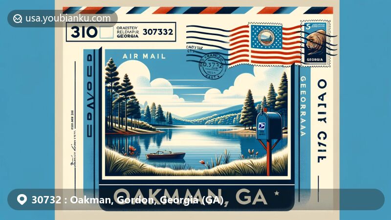 Modern illustration of Carter’s Lake, Oakman, Georgia, featuring serene natural landscape and air mail envelope design with Georgia state flag stamp and ZIP code 30732.