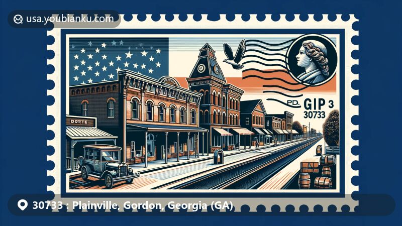 Modern illustration of Plainville, Gordon County, Georgia, showcasing postal theme with ZIP code 30733, featuring historic architecture, Plainville Brick Company symbolism, Georgia state flag elements, vintage postage design, and Ridge-and-Valley region landscape.