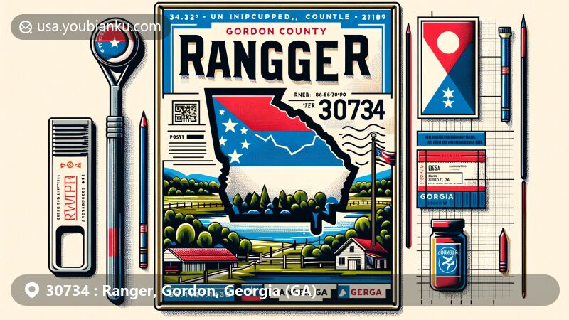 Modern illustration of Ranger, Georgia, highlighting postal theme with ZIP code 30734, featuring Gordon County and Georgia state symbols.
