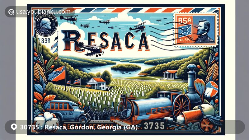 Modern illustration of Resaca, Georgia (Resaca City, Gordon County, GA) with ZIP code 30735, featuring Resaca Battlefield Historic Site and Confederate cemetery, in a stylized airmail envelope with oak leaves and cotton bolls, incorporating vintage postage stamp of Oostanaula River.