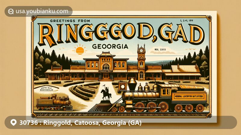 Modern illustration of Ringgold, Georgia, featuring historic landmarks Ringgold Depot, Ringgold Gap Battlefield, and The General Locomotive Chase Monument, with 'Greetings from Ringgold, Georgia' at the top. Depicts nostalgia for postal history and natural beauty of Georgia.