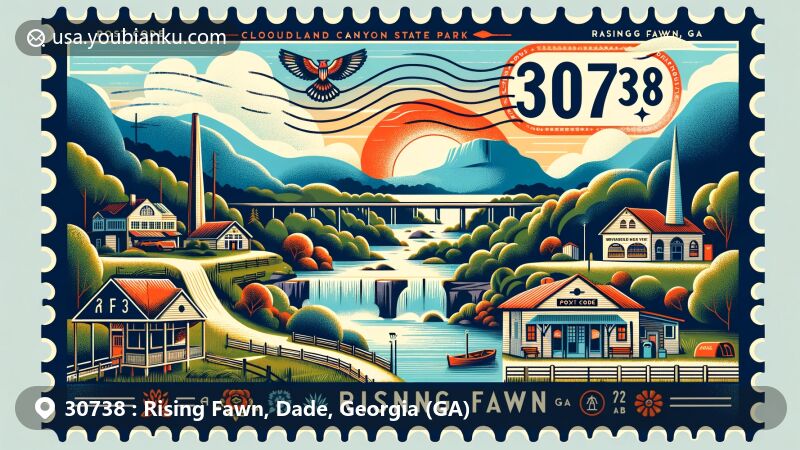 Modern illustration of ZIP code 30738, Rising Fawn, GA, featuring Cloudland Canyon State Park and Lookout Mountain, with postal theme including stamp silhouette and post office.
