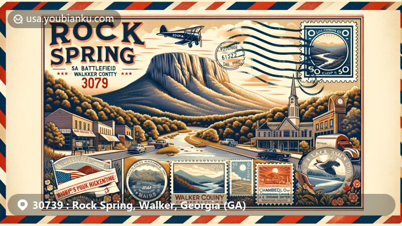 Modern illustration of Rock Spring, Walker County, Georgia, representing ZIP code 30739 area with scenic views of Lookout Mountain, showcasing local attractions like Battlefield Farmer's Market and Walker County Chamber of Commerce, featuring vintage air mail elements.