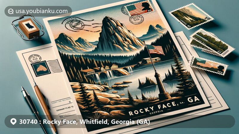 Modern illustration of Rocky Face Ridge, Georgia, postal postcard design with stamp and postmark, featuring state flag elements and ZIP code 30740.