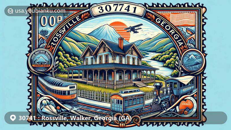 Modern illustration of Rossville, Georgia, featuring postal code 30741 and the historic John Ross House, surrounded by natural motifs like Missionary Ridge and Lookout Mountain valley. Includes vintage postal elements and air mail theme, showcasing city's rich history and postal heritage.