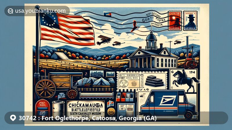 Modern illustration of Fort Oglethorpe, Georgia, featuring postal theme with ZIP Code 30742, showcasing Chickamauga Battlefield and Sixth Cavalry Museum.