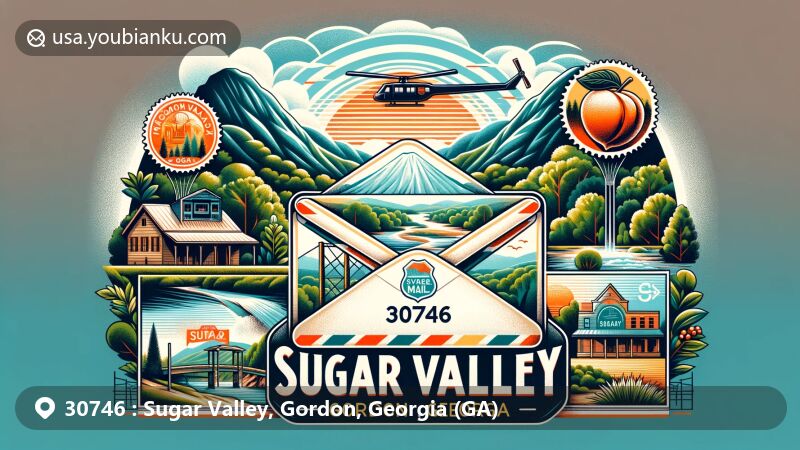 Modern illustration of Sugar Valley, Gordon County, Georgia, showcasing scenic beauty with the Oostanaula River and Horn Mountain, featuring Sugar Valley post office and air mail envelope with postal stamps of Georgia state symbols.