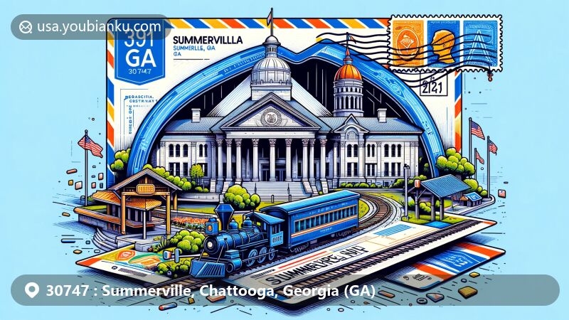 Modern illustration of Summerville, Georgia, featuring neoclassical courthouse, historic train station, and postal theme with ZIP code 30747.