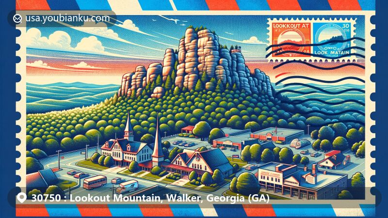 Modern illustration of Lookout Mountain, Walker, Georgia, highlighting Rock City Gardens, 'See 7 States' viewpoint, and postal theme with ZIP code 30750.