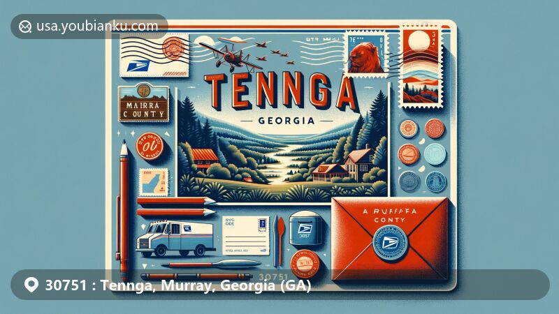 Modern illustration of Tennga, Georgia, Murray County, presenting postal heritage with ZIP code 30751, depicting scenic landscape and postal symbols.