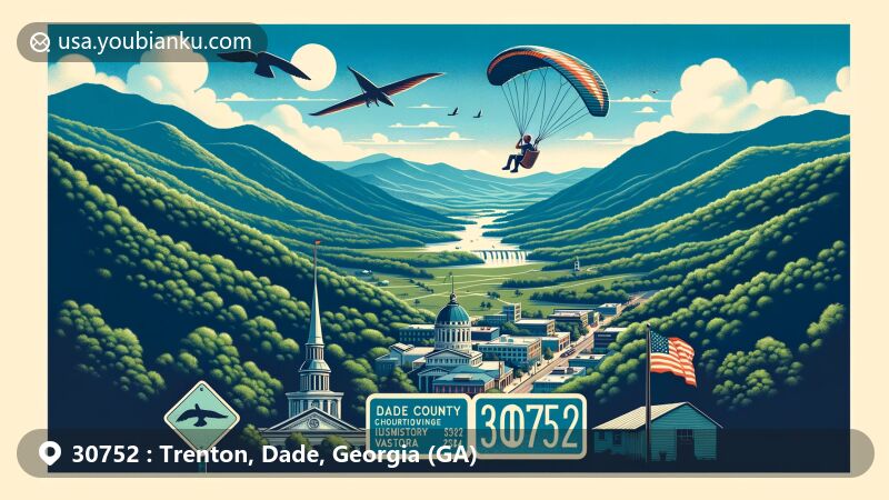 Modern illustration of Trenton, Dade County, Georgia, highlighting the region's natural beauty and postal theme with ZIP code 30752, featuring Lookout Mountain, Sand Mountain, and Dade County Courthouse.