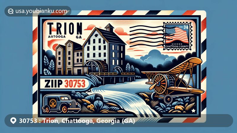 Modern illustration of ZIP Code 30753 in Trion, Chattooga County, Georgia, featuring airmail envelope theme with iconic symbols like Mount Vernon Mill and postal elements like vintage stamp and postmark.