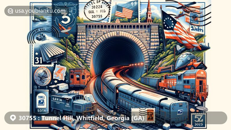 Modern illustration of Tunnel Hill, Georgia, featuring historical railroad tunnel and postal theme with ZIP code 30755, showcasing Georgia state flag and United States Postal Service symbols.