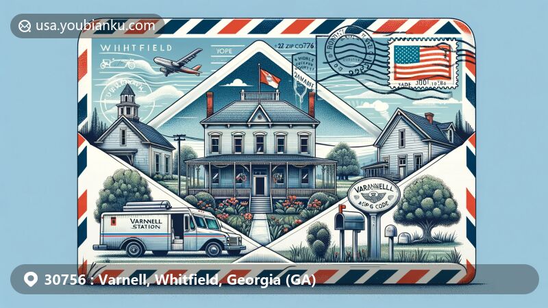 Modern illustration of Varnell, Georgia, showcasing historic Varnell Home, Varnell’s Station, Georgia state flag, and Whitfield County outline, integrated into an airmail envelope with postal elements like stamps, 'ZIP Code 30756' postmark, mailbox, and mail truck.