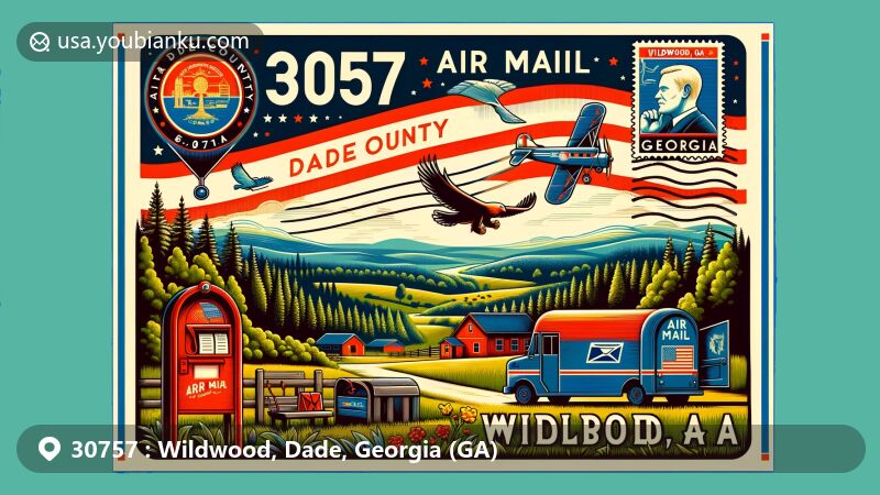 Modern illustration of Wildwood, Dade County, Georgia, showcasing postal theme with ZIP code 30757, featuring vintage air mail envelope, Georgia state flag, Dade County's outline, and rural landscapes.